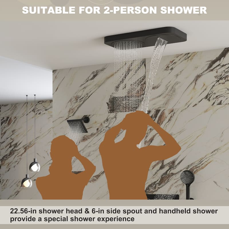 7-Spray Thermostatic 22.5"x 11.2" Rainfall Ceiling and 6" Wall Mount Dual Shower Head with Handheld Spray in Matte Black