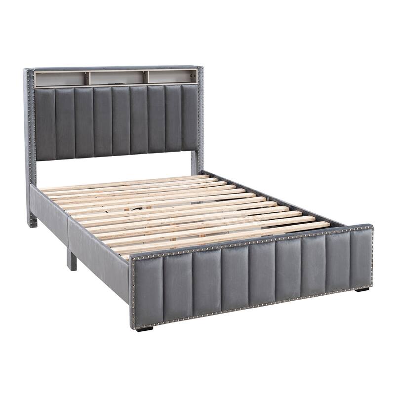 Contemporary Dark Gray Solid Wood Bed Frame with Open Compartments