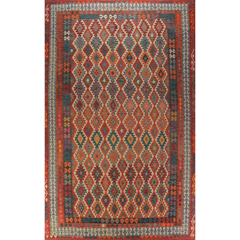 Geometric Kilim Oriental Large Rug Hand-Woven Southwestern Wool Carpet - 10'2"x 16'1"