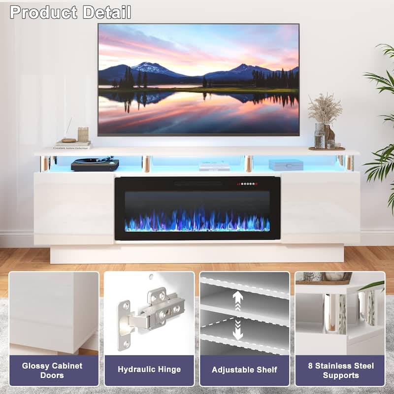 BOSSIN 70" Modern Electric Fireplace TV Stand, with Electronic Flame and LED Lights, High Gloss Finish Entertainment Center