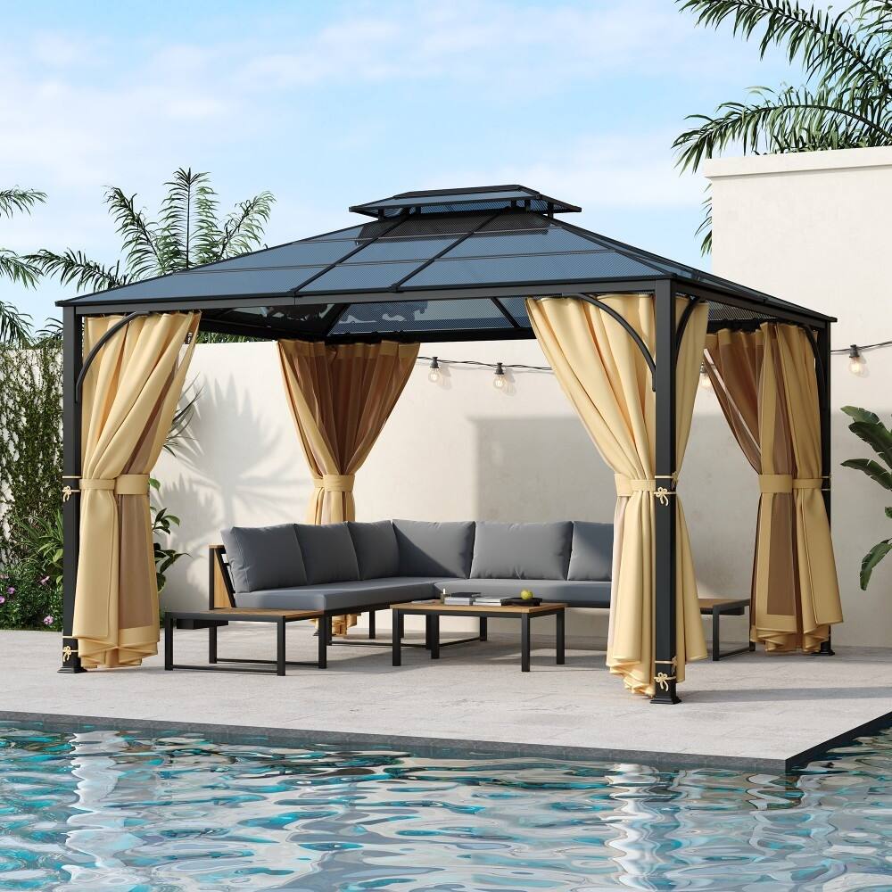 Outdoor 10" x 12" Hardtop Outdoor Gazebo with Double-layer Side Walls Mosquito Netting and Aluminum Frame