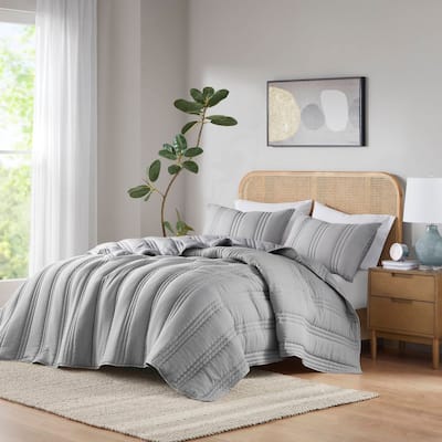 3 PCS Full/Queen Poly Gauze Quilt Set Gray