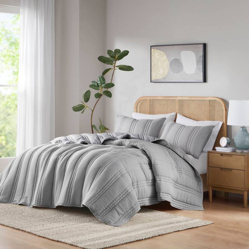 3 PCS King/Cal King Poly Gauze Quilt Set Gray - Gray