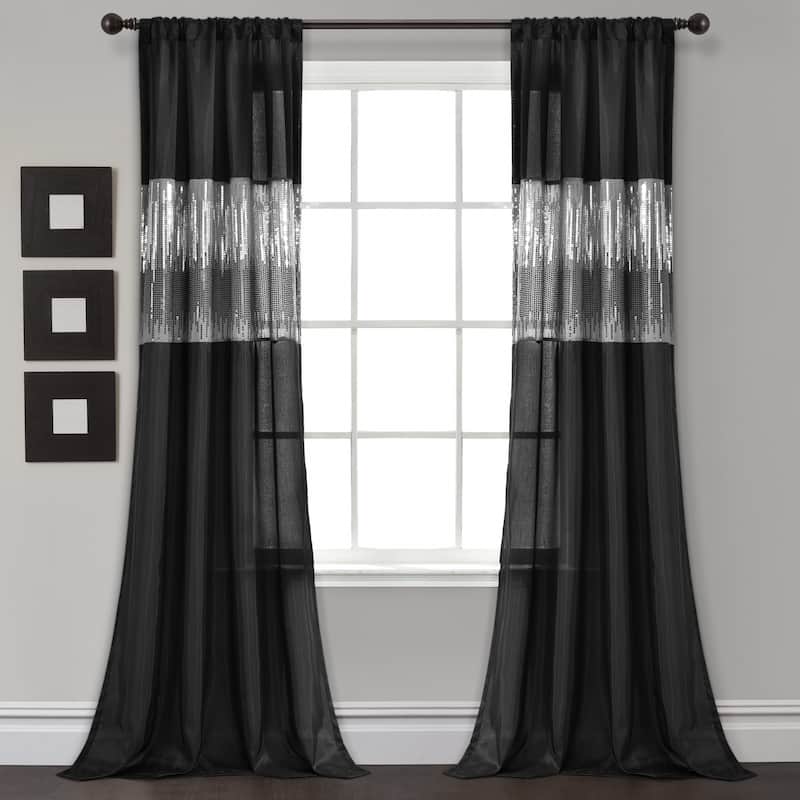 Silver Orchid Page Two-tone Faux Silk Glamorous Sequins Sparkle Single Curtain Panel - 84"L x 42"W - Black