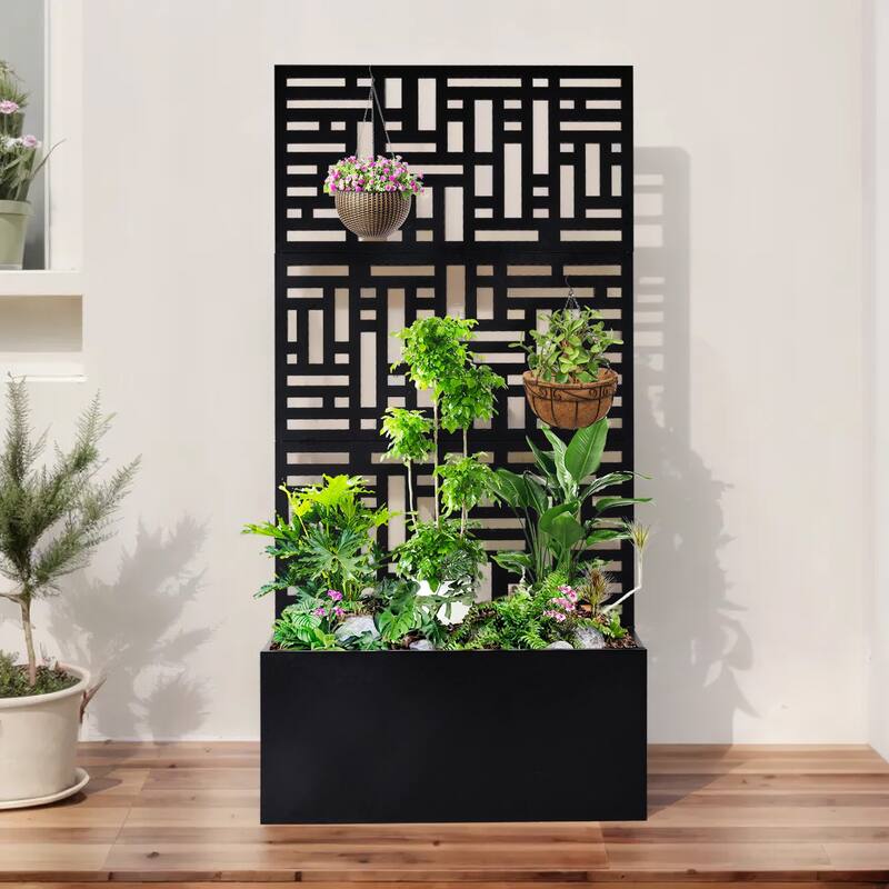 2-in-1 Black Metal Garden Planter Box with Trellis for Climbing Plants Flowers Vegetables or Patio - (35.8 x 16.1 x 70.5) in