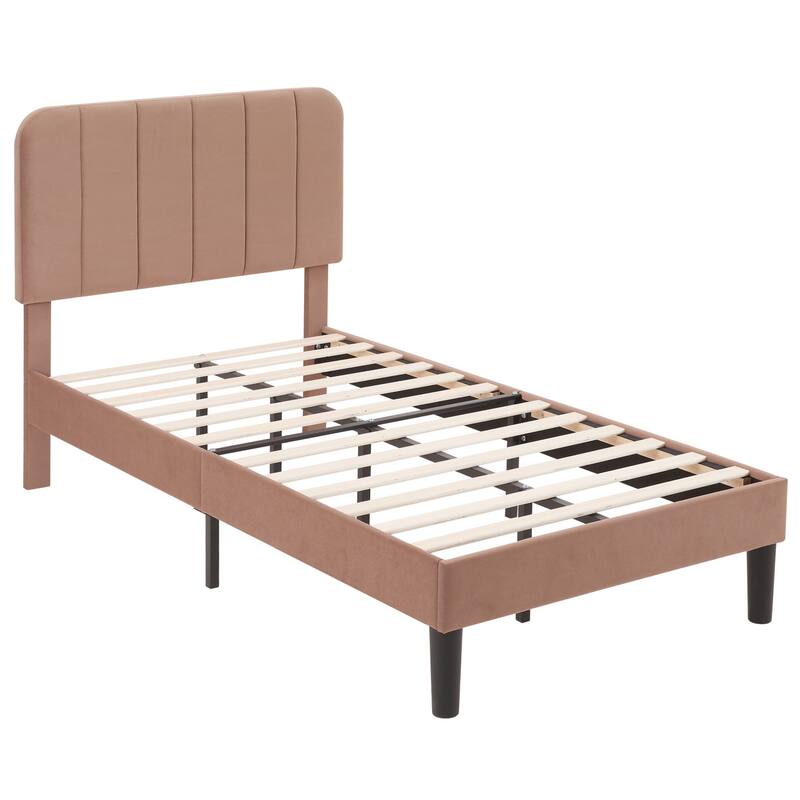 VECELO Velvet Upholstered Bed Frame with Vertical Channel Tufted Headboard, Adjustable Headboard, Wooden Slats Support