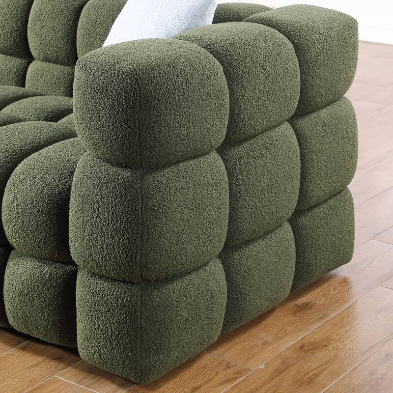 Boucle Fabric 3 Seater Sofa with 2 Pillows, Comfy Upholstered Deep Seat Sofa, Lounge Sofa with Square Armrests