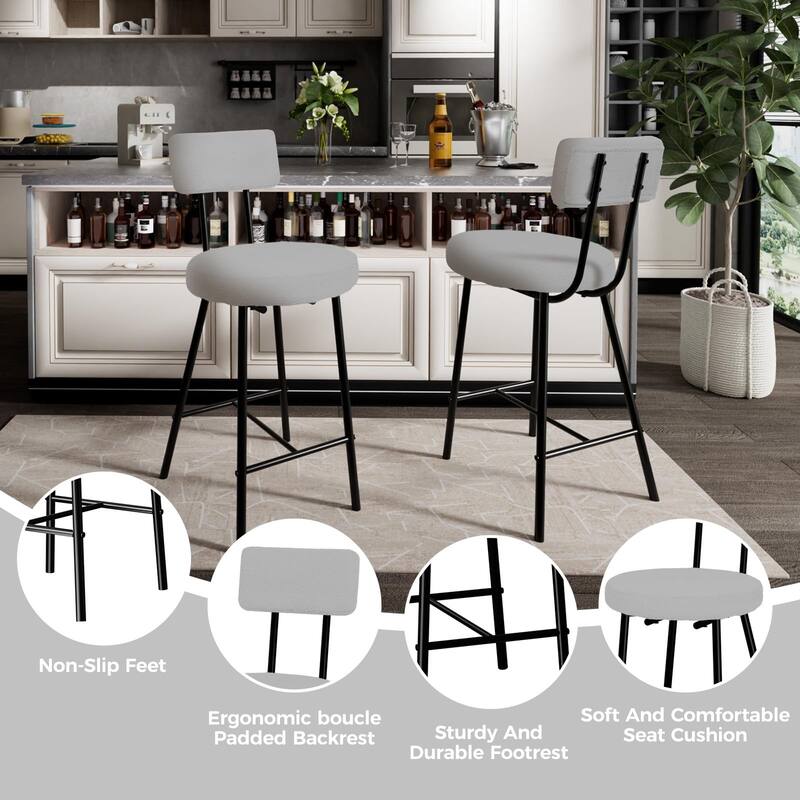 Boucle Upholstered Bar Stools Set of 2, Modern Counter Height Bar Chairs with High Back, Footrest and Metal Leg