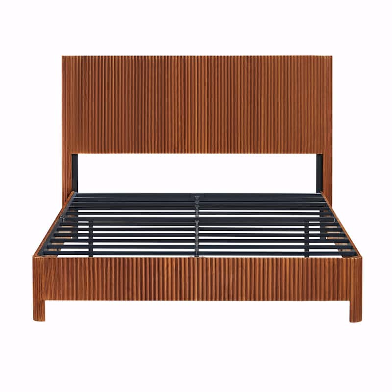 Queen Size Wooden Bed Frame with Corrugated Curved Lines - No Box Spring Needed