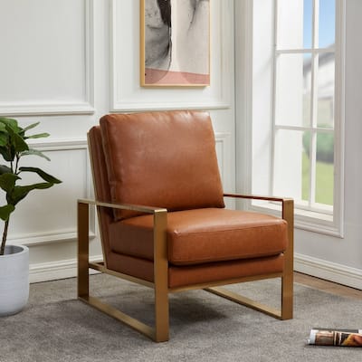 Jefferson Contemporary Leather Accent Armchair with Brushed Gold Base, Removable Cushions, and Durable Spring-Supported Seat