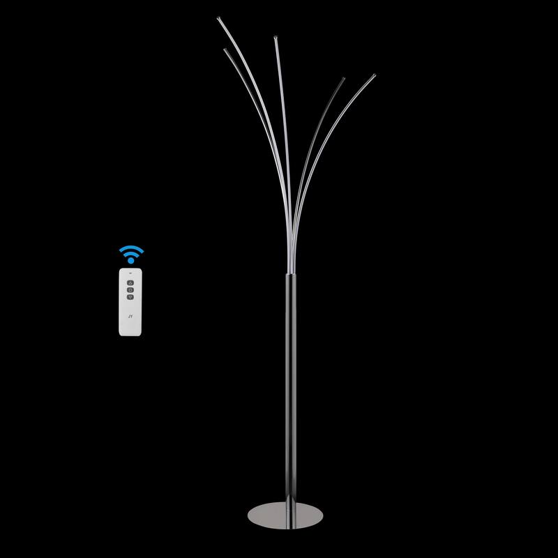 Dante 71" Modern Minimalist Metal 5-Branch Arc Dimmable Integrated LED Floor Lamp with Remote Control, Chrome, by JONATHAN Y