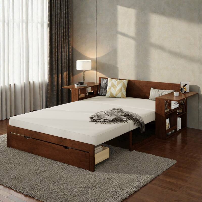 Full Size Daybed with Removable Desk, Storage Drawers & Hydraulic Side Table, Multi-Functional Sofa Bed for Small Spaces