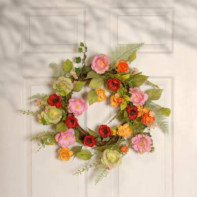 National Tree Company 22 inch Artificial Spring Wreath with Assorted Flowers, Fern Fronds, and Leafy Greens - 22 IN