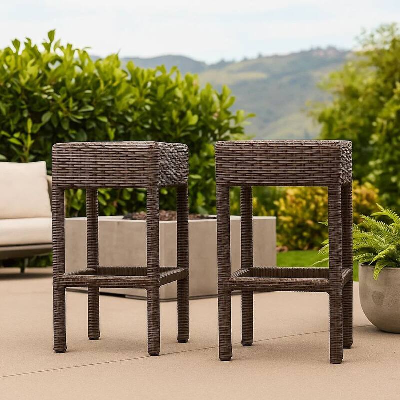 Outdoor Barstool Set of 2, Industrial Style Dark Brown Rattan Woven