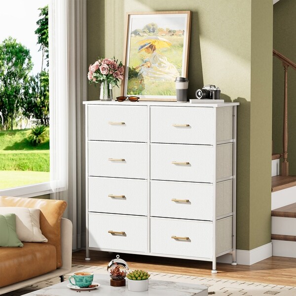 Tall Dresser for Bedroom with 8 Drawers Chest of Drawers for Closet Living Room Hallway Nursery Fabric Bins Wood Top White