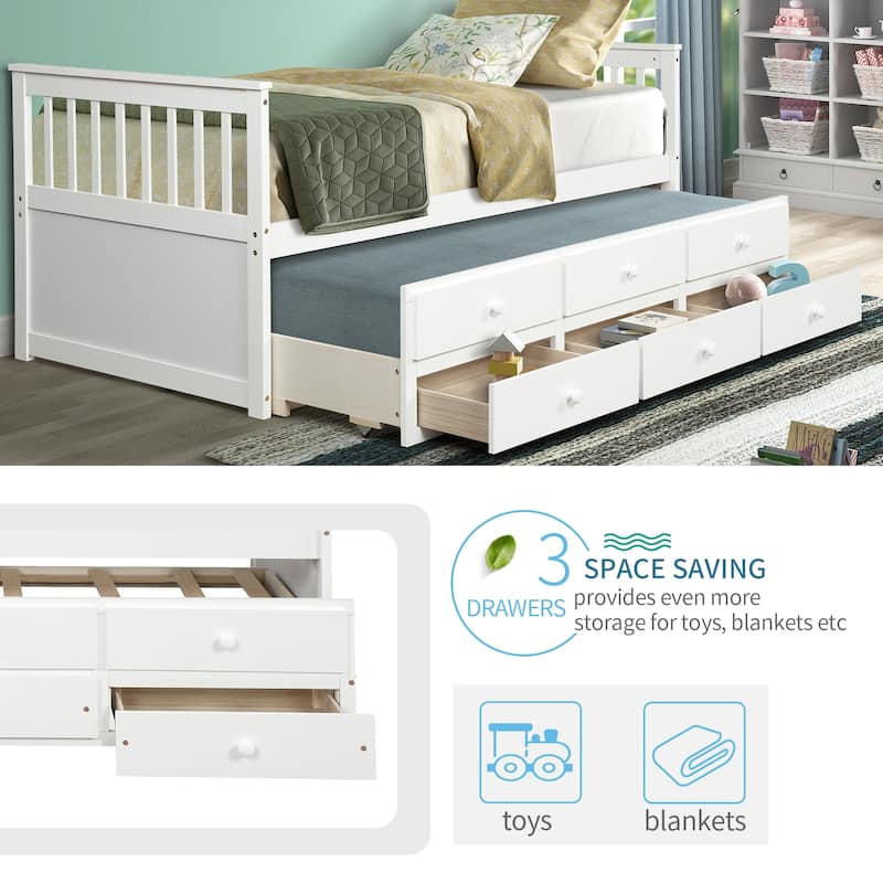 TOPMAX Captain's Bed Twin Daybed with Trundle Bed and Storage Drawers