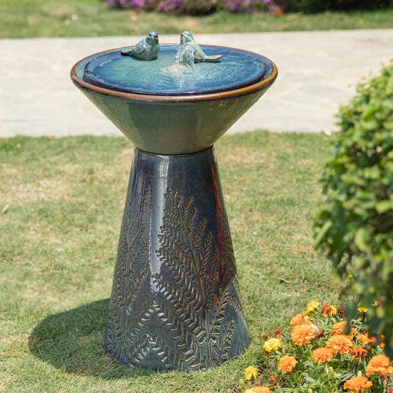 Glitzhome 27.5H Two Birds Embossed Ceramic LED Birdbath Patio Outdoor Fountain
