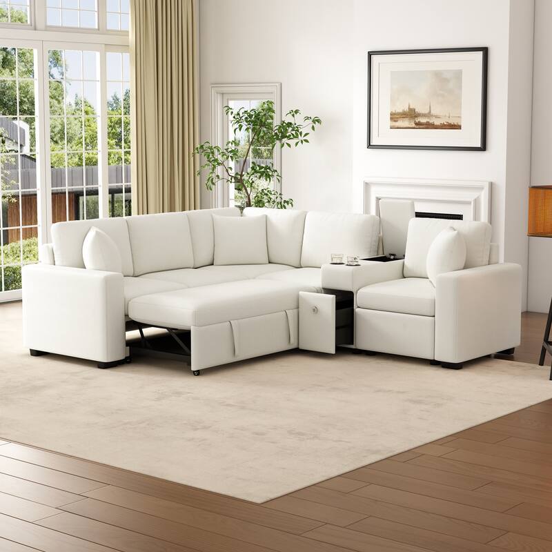 L-Shaped Modular Sectional Sofa with Pull-Out Bed, Chenille Convertible Sleeper Sofa Bed with Cup Holders & Multiple Storage