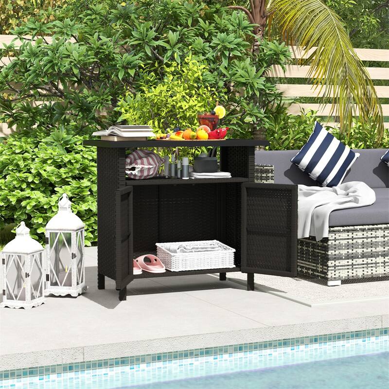 PE Rattan Outdoor Storage Cabinet with Tabletop and Open Shelf - 35.4" L x 20.9" W x 33.5" H