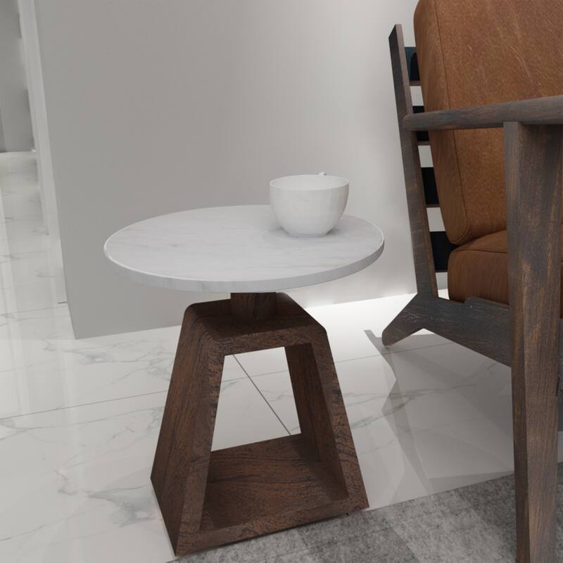 Port Blair Side End Table, Round White Genuine Marble Top with Handcrafted Mango Wood 16.5 Inch - Brown, White