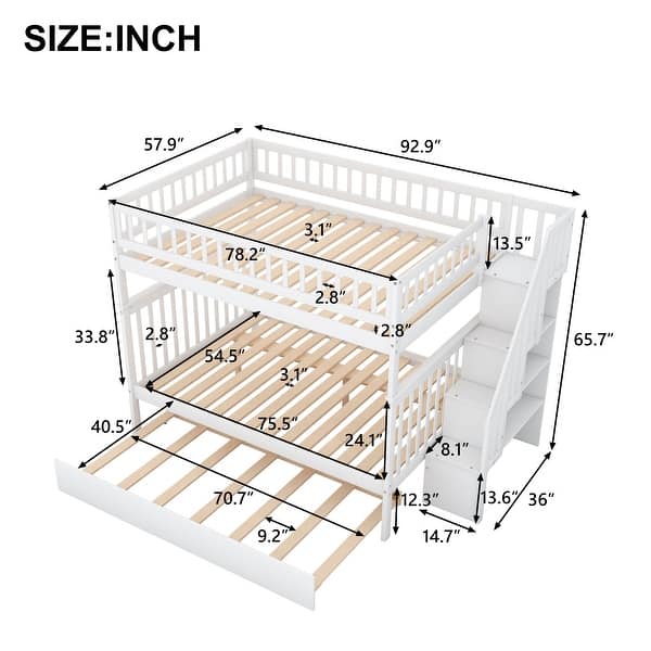 dimension image slide 1 of 2, 3 Beds In 1 Full Over Full Bunk Bed With Trundle And Staircase,Optimize Storage Space for Bedroom