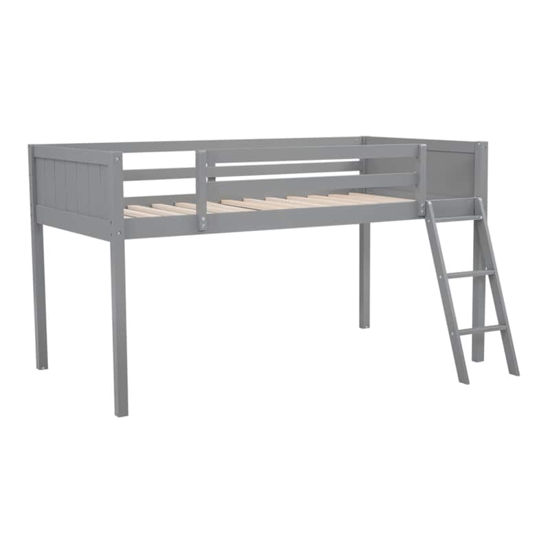 Wood Low Loft Bed with Ladder, Ladder Can Be Placed on the Left or Right