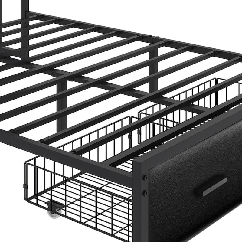 6 Drawers PU Leather Upholstered Platform Bed, Bed Frame with Hidden Storage Headboard and Power Outlets