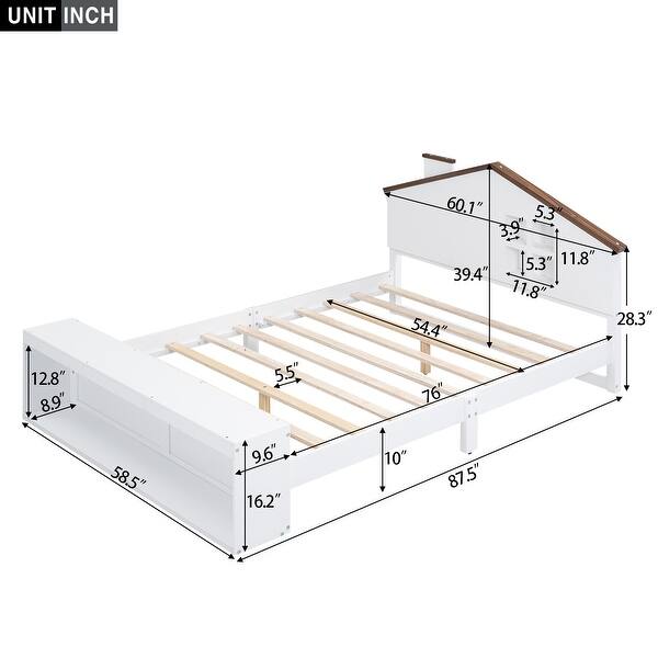 Rustic Full Size House Platform Kids Bed Frame with LED Lights, Multi-storage Space, No Box Spring Required, White