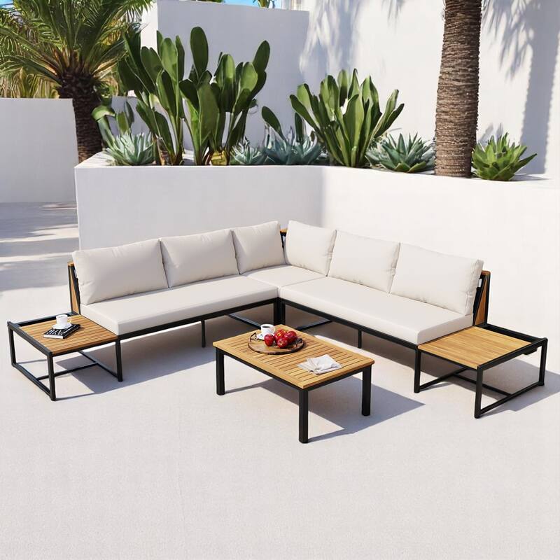 4-Piece Outdoor Sofa Set with Loveseat, Corner Chair, Coffee Table, and Cushions, Iron and Acacia Wood Frame,Patio Furniture set - Beige