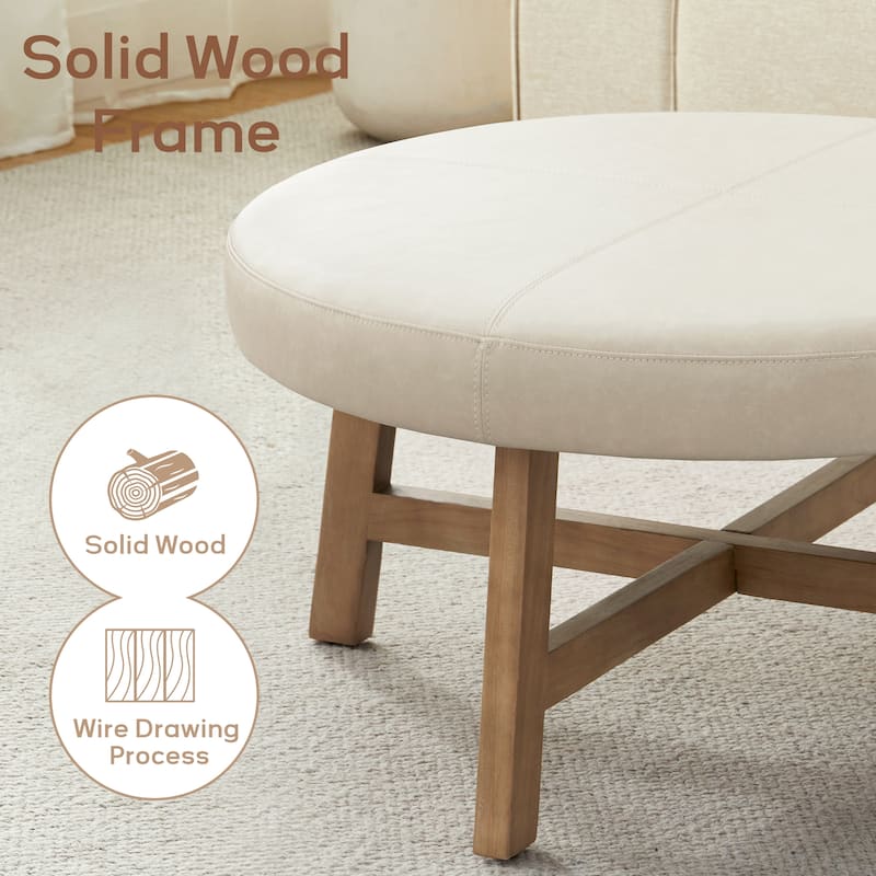 Round Upholstered Coffee Table with Solid Wood Base, Modern Fabric Ottoman Table for Living Room