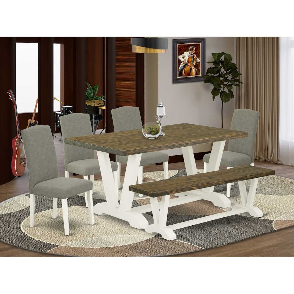 6-Piece Rectangle Distressed Jacobean Finish Solid Wood Top Dining Table with 1-Bench, 4-Chairs with