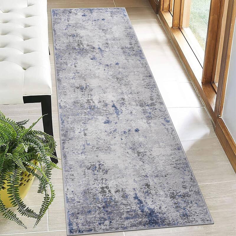 LOOM & LUXE Collection Silver/Blue Abstract Non-Shedding Area Rug