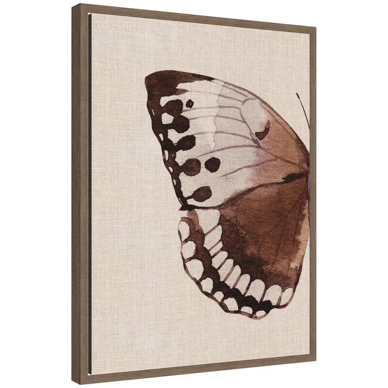 Kate and Laurel Sylvie Retro Butterfly Watercolor Diptych Neutral Burlap Left Framed Canvas by The Creative Bunch Studio - 18x24 - Brown