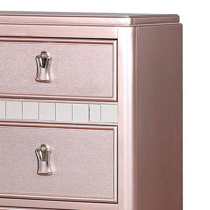 Five Drawers Contemporary Solid Wood Chest With Mirror Accent, Pink