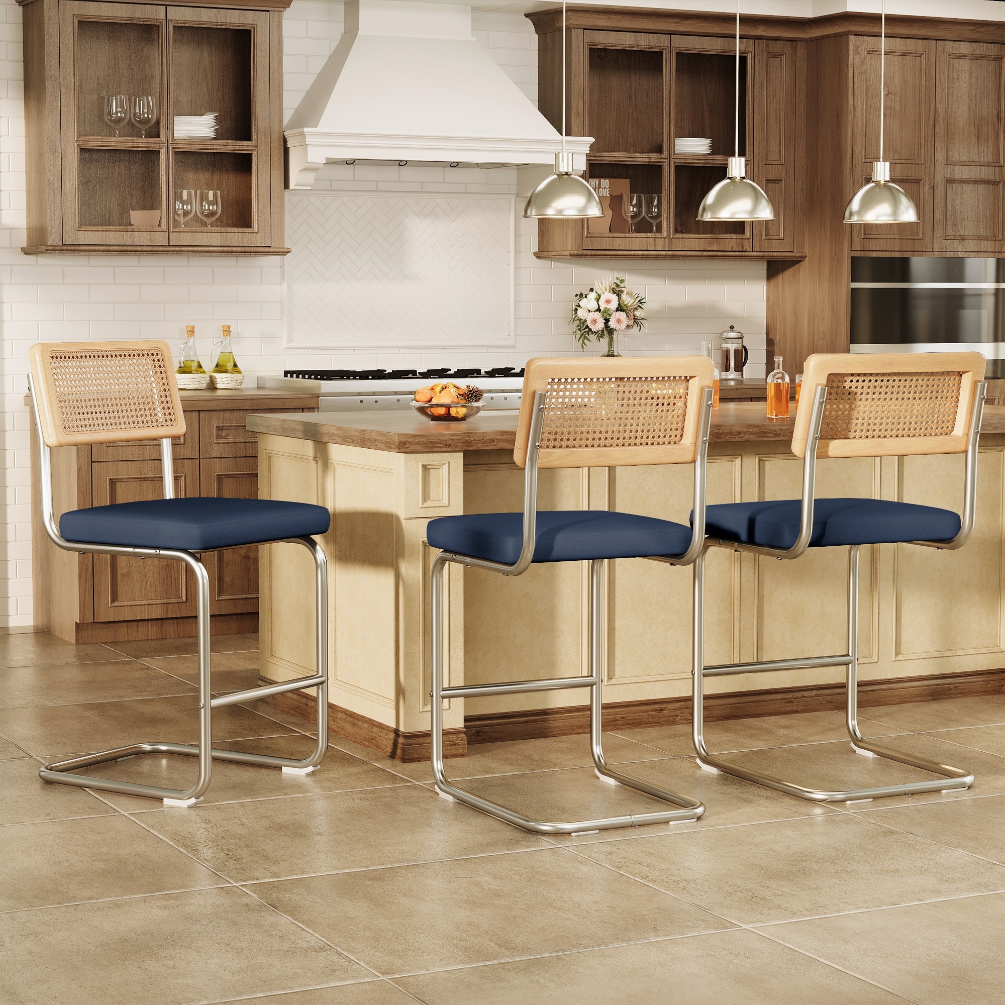 Set of 3 Counter Height Bar Stools with Woven Rattan Back and Footrest for Kitchen Island - 26" H