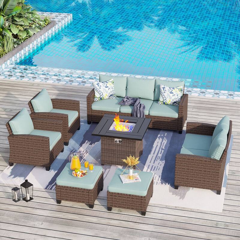 9-Seat Patio Furniture Wicker Rattan Outdoor High-back Sectional Sofa Conversation Set with Firepit Table