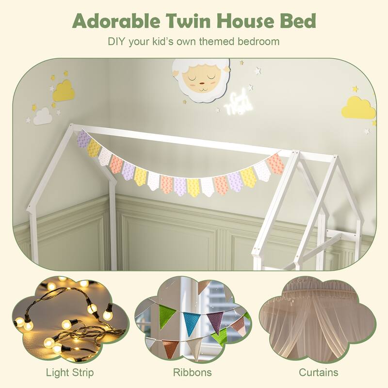 Gymax Twin House Floor Bed w/ Storage Shelf & Detachable Clothes