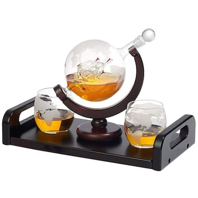 Bezrat 850 ml Globe Whisky Decanter Gift Set with 4 Glasses & Tray