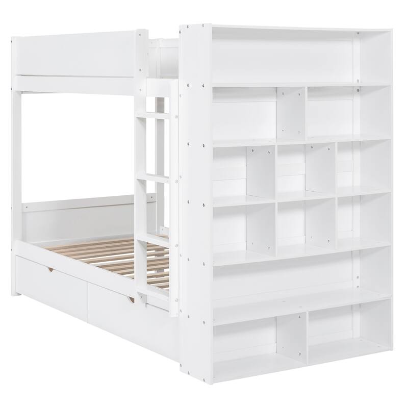 Twin over Twin Bunk Bed With 2 Drawers and Multi-layer Cabinet, White