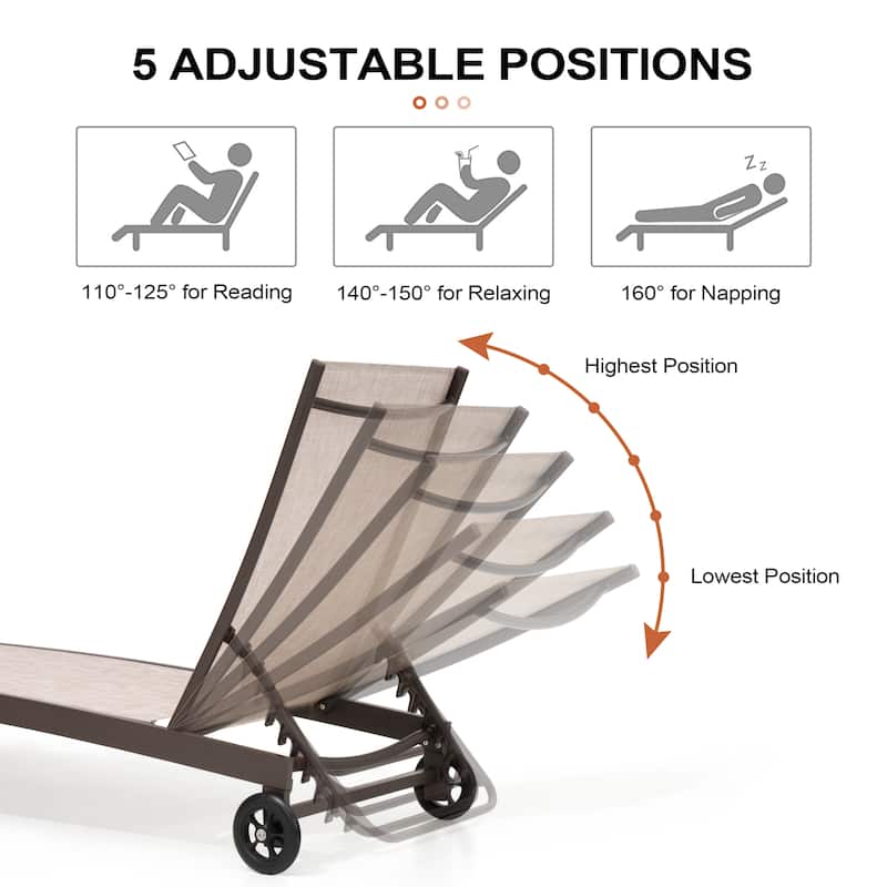 Outdoor Adjustable Chaise Lounge Chairs with Wheels Aluminum Sun Lounger