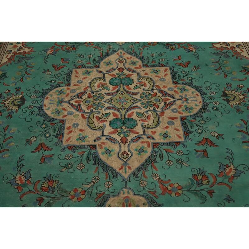 Hand Knotted Oriental 100% Wool Carpet Traditional Floral Green Tabriz Area Rug - 10' 11'' X 8' 3''