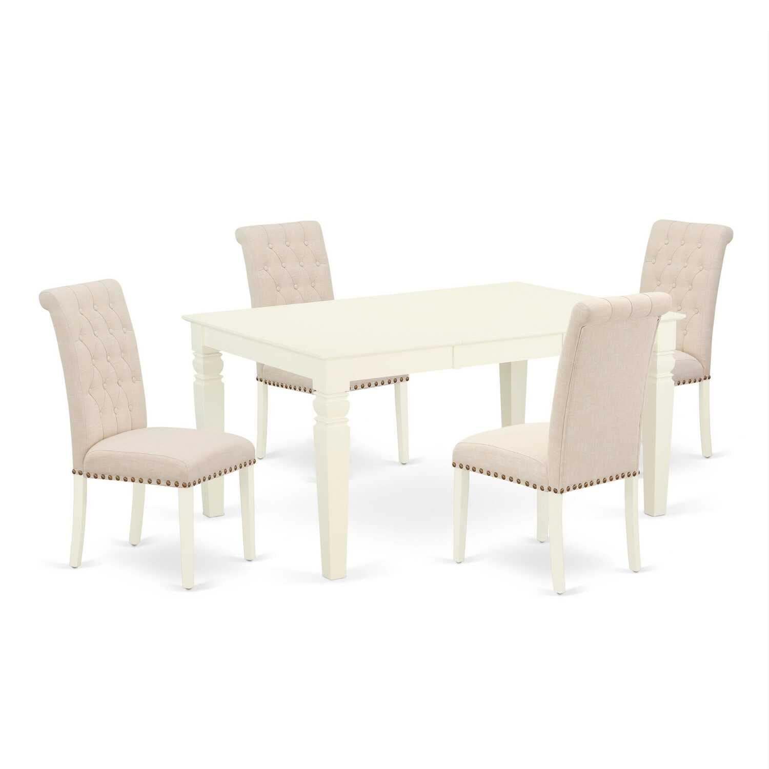 Rustic Dining Set 5Pc - Rectangle Table & 4 Parson Chairs - Light Beige Fabric, White Finish - 60