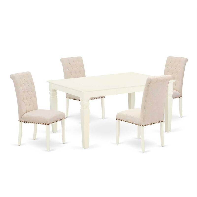 Rustic Dining Set 5Pc - Rectangle Table & 4 Parson Chairs - Light Beige Fabric, White Finish - 60