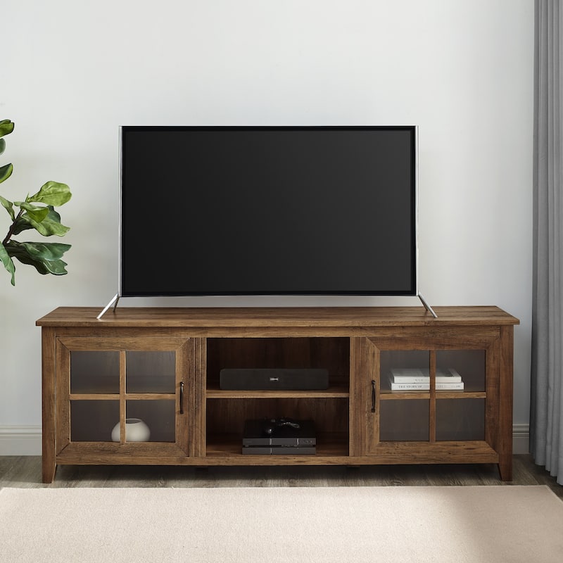 70" Modern Farmhouse TV Stand Featuring Glass Windowpane Doors and Adjustable Shelves