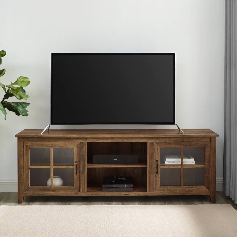 Modern Farmhouse 2-Door Glass Windowpane 70" TV Stand for 80" TVs - Rustic Oak