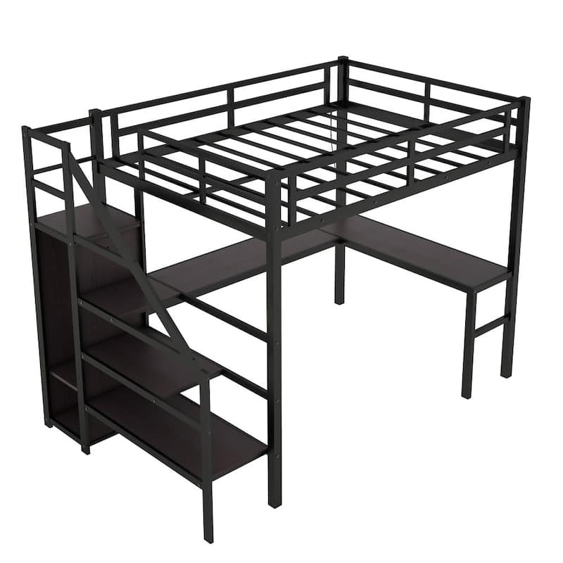 Metal Loft Bed with L-Shaped Desk and USB