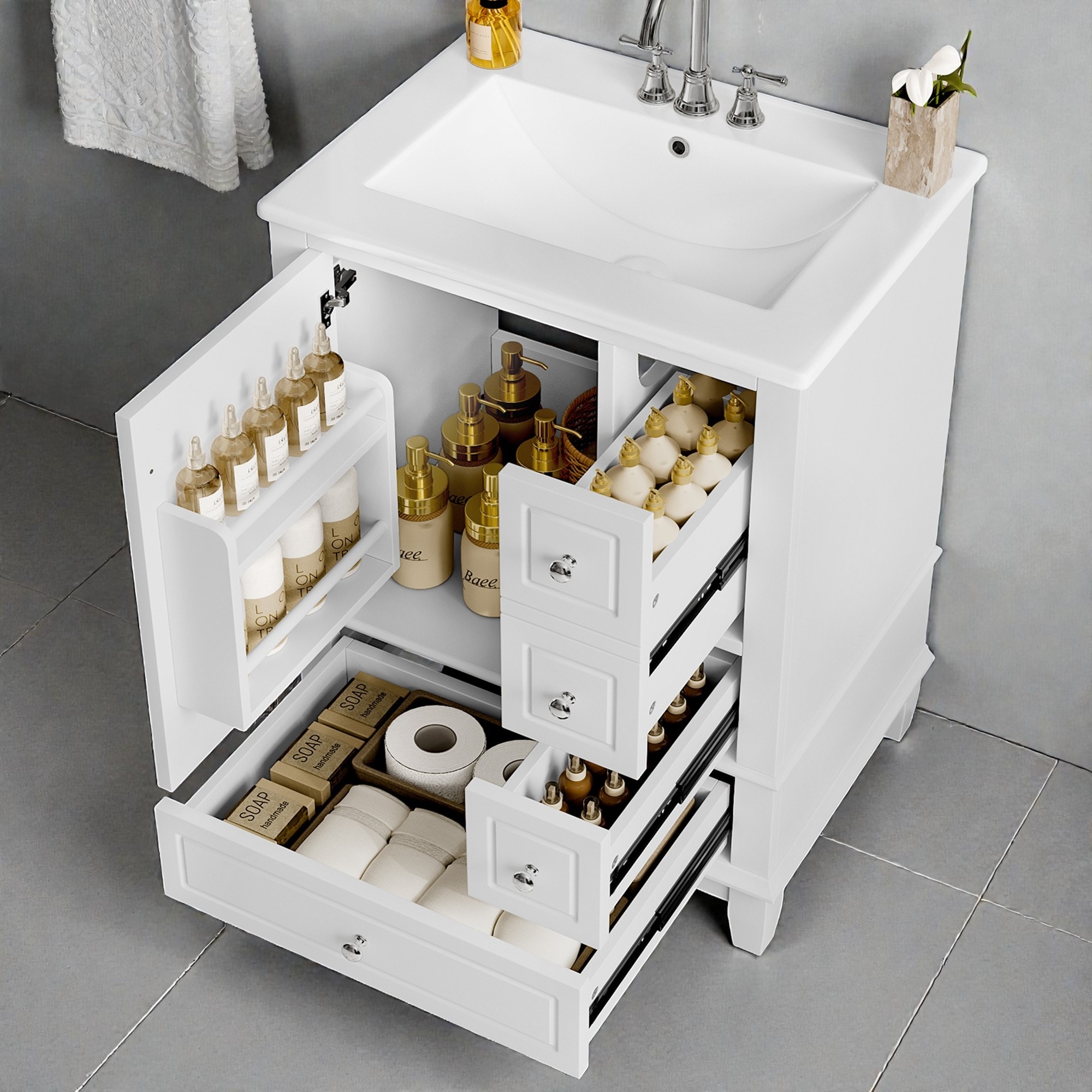 24" Freestanding Bathroom Vanity with Ceramic Sink, 3 Drawers & Side Cabinet, Green MDF & Solid Wood Construction