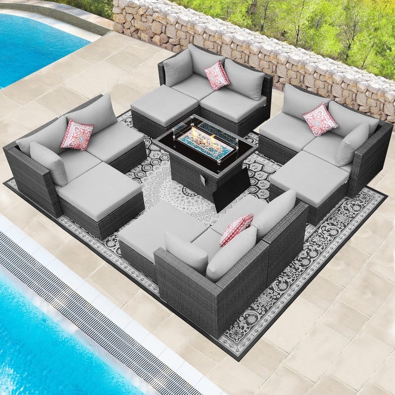 FINCATI Outdoor Grey Wicker Sectional Furniture Patio Sofa Set with Firepit Table