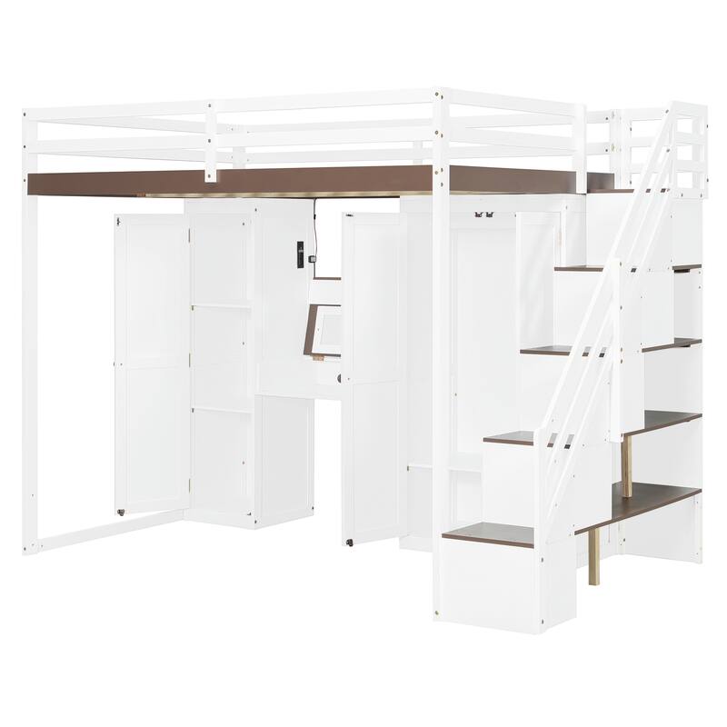 Full Size Loft Bed with Storage Staircase, Built-in Dressing Table, Mirror & Wardrobe - USB Charging & Lights