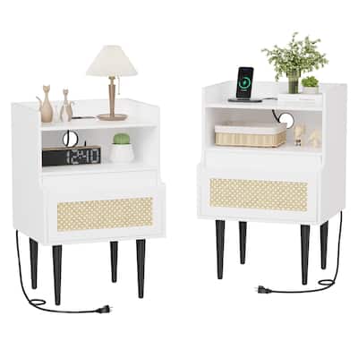 Nightstand Set of 2, Rattan End Table with Charging Station, 2 Open Shelves Beside Table with Drawer and Solid Legs